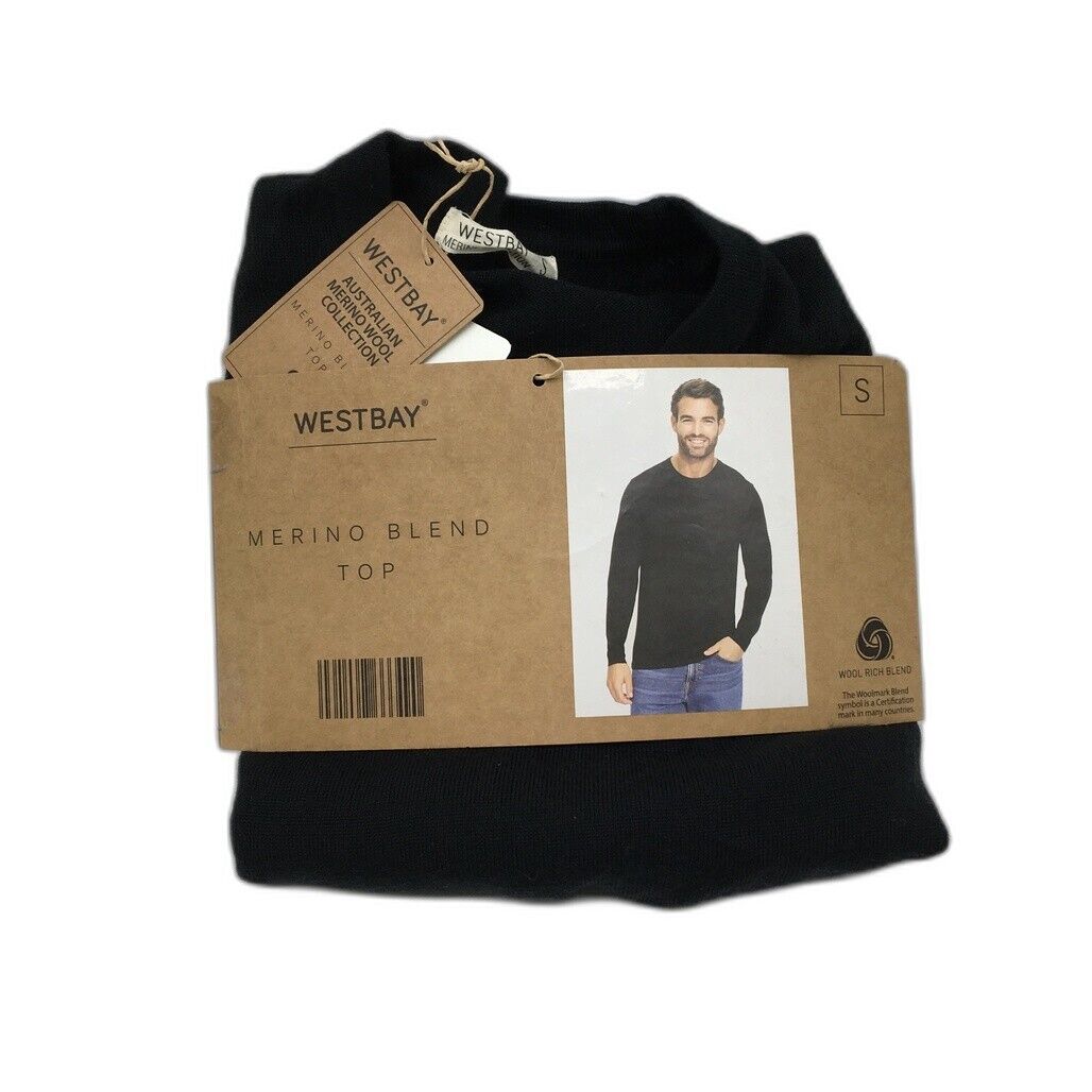 NEW Westbay Australian Merino Blend Crew Neck Black Knit Top Mens Size S