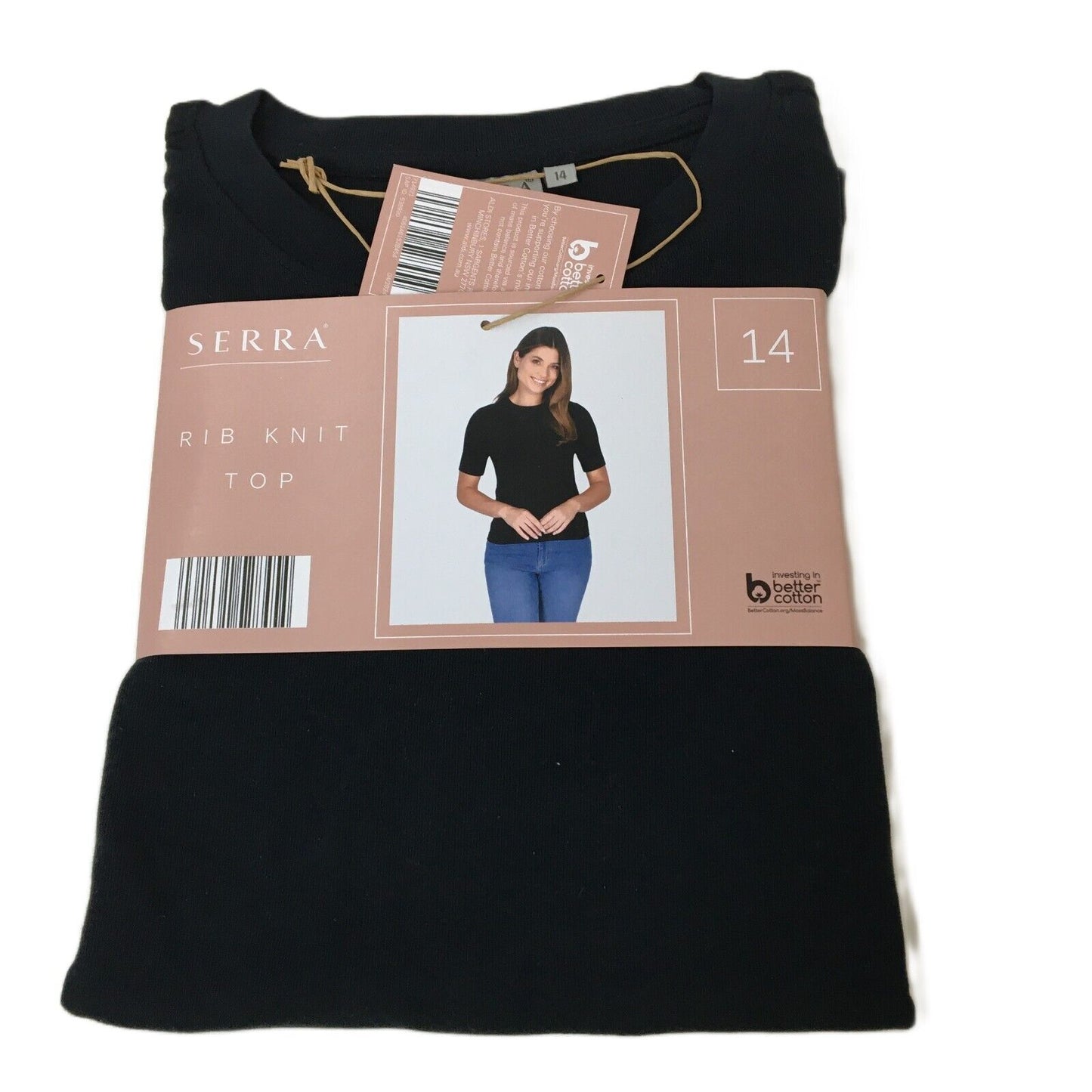 Sierra Women Cotton Blended Black Rib Knit Top Short Sleeve Size 14 NEW