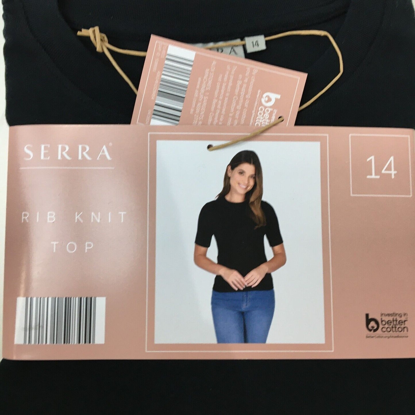 Sierra Women Cotton Blended Black Rib Knit Top Short Sleeve Size 14 NEW