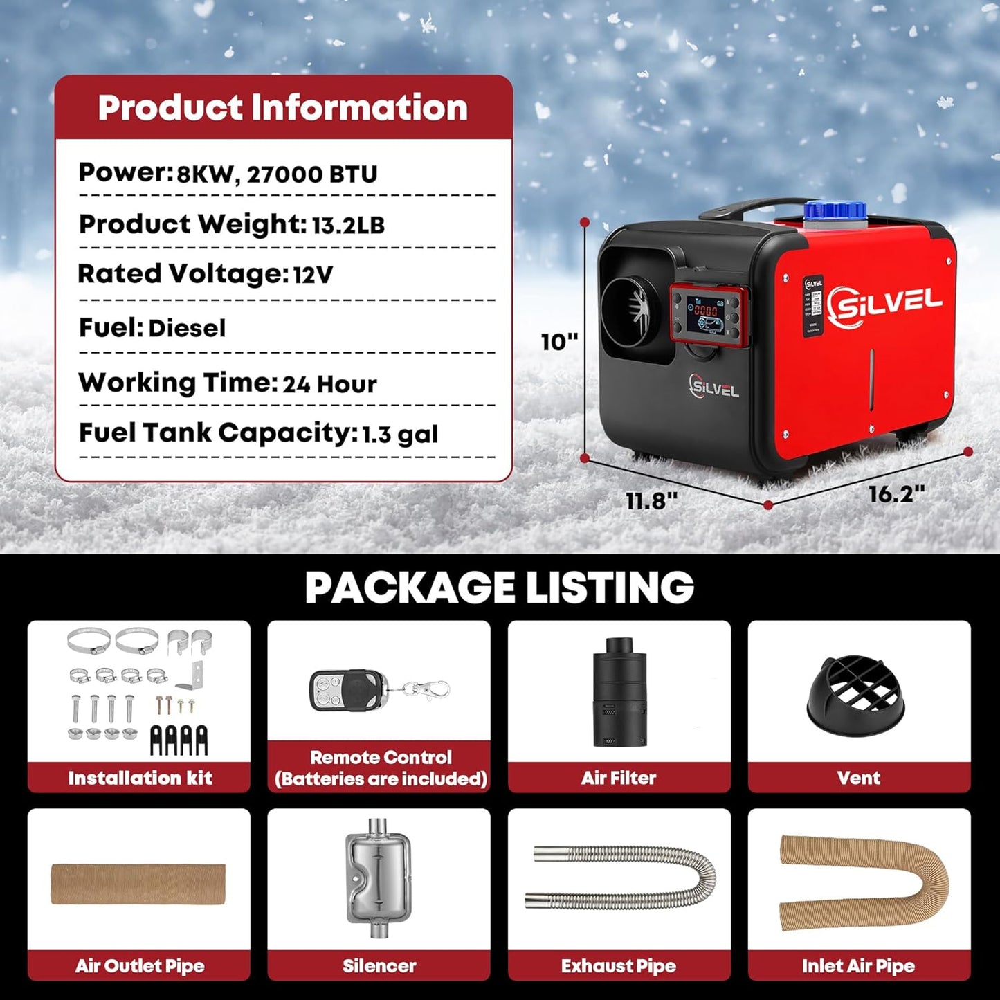Silvel 5Kw All In One Portable 12V Diesel Air Heater Lcd Display & Remote NEW