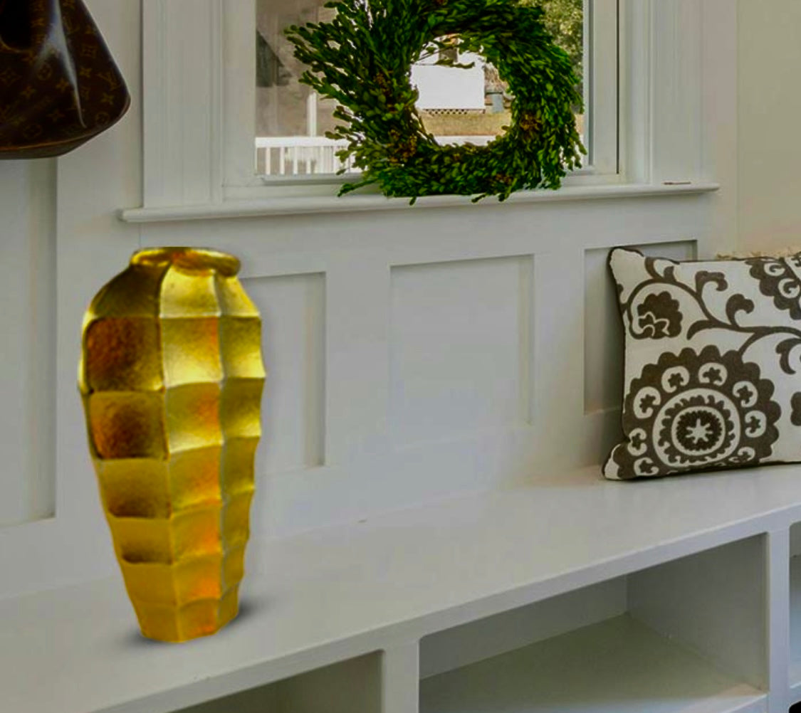 Handmade Luxury Gold Square Cut Vase Aluminium Decorative Centrepiece NEW