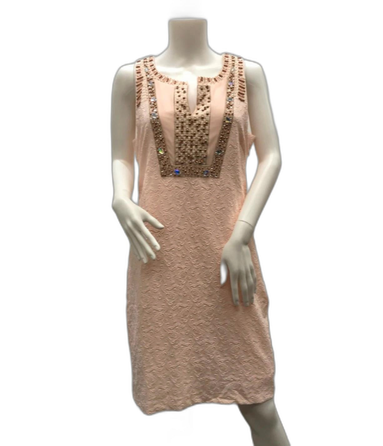 K-Design Light Pink Patterned Bead&Rhinestone Mini Dress Ladies Sz L NEW