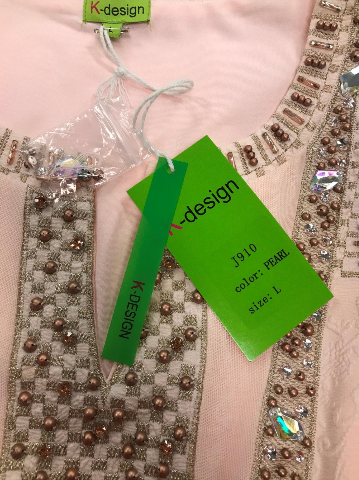K-Design Light Pink Patterned Bead&Rhinestone Mini Dress Ladies Sz L NEW