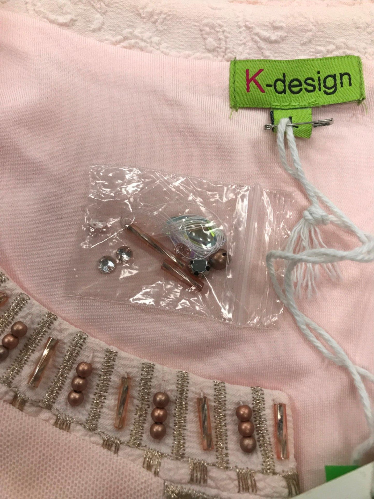 K-Design Light Pink Patterned Bead&Rhinestone Mini Dress Ladies Sz L NEW