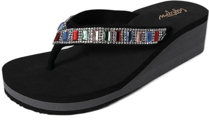 Lsytqrw Wedge Sandals Women Thong Bling Rhinestones US 7 Black NEW