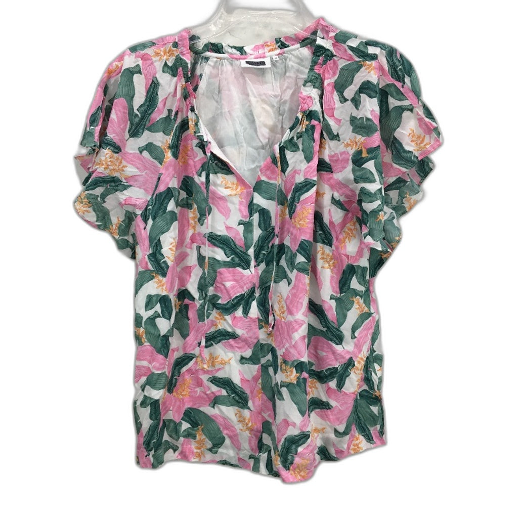 Jeanswest White Fauna Pink Floral Tie Neck Short Sleeve Top Ladies Size 10 NEW