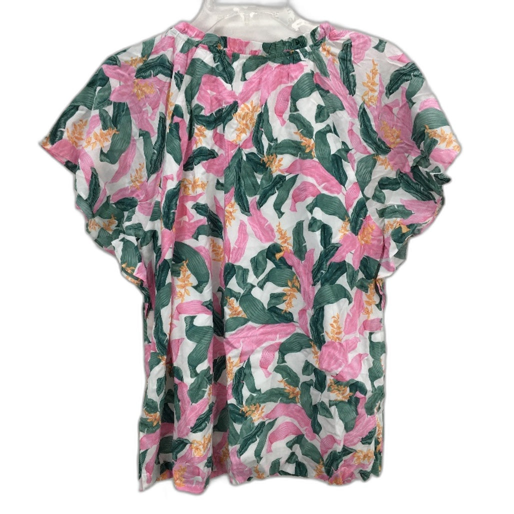 Jeanswest White Fauna Pink Floral Tie Neck Short Sleeve Top Ladies Size 10 NEW