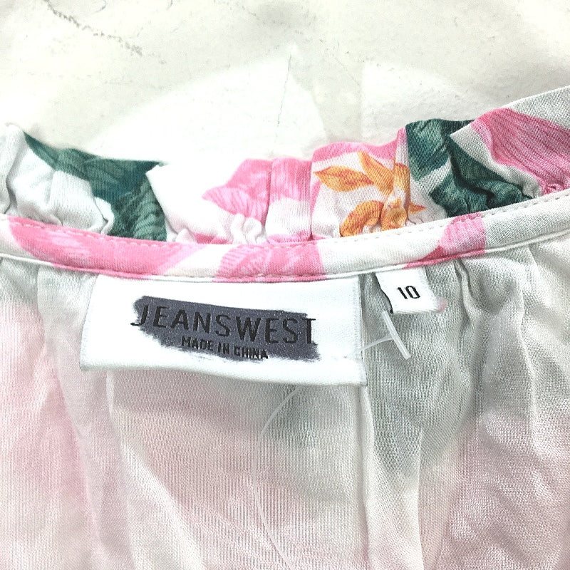 Jeanswest White Fauna Pink Floral Tie Neck Short Sleeve Top Ladies Size 10 NEW