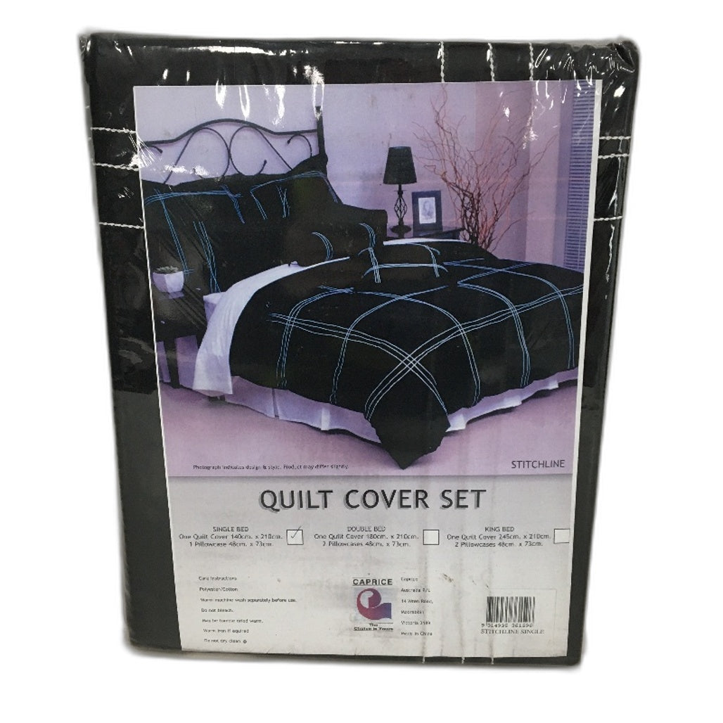 Caprice Stitchline Black and White Quilt Cover Set with 2 Pillowcases SINGLE NEW