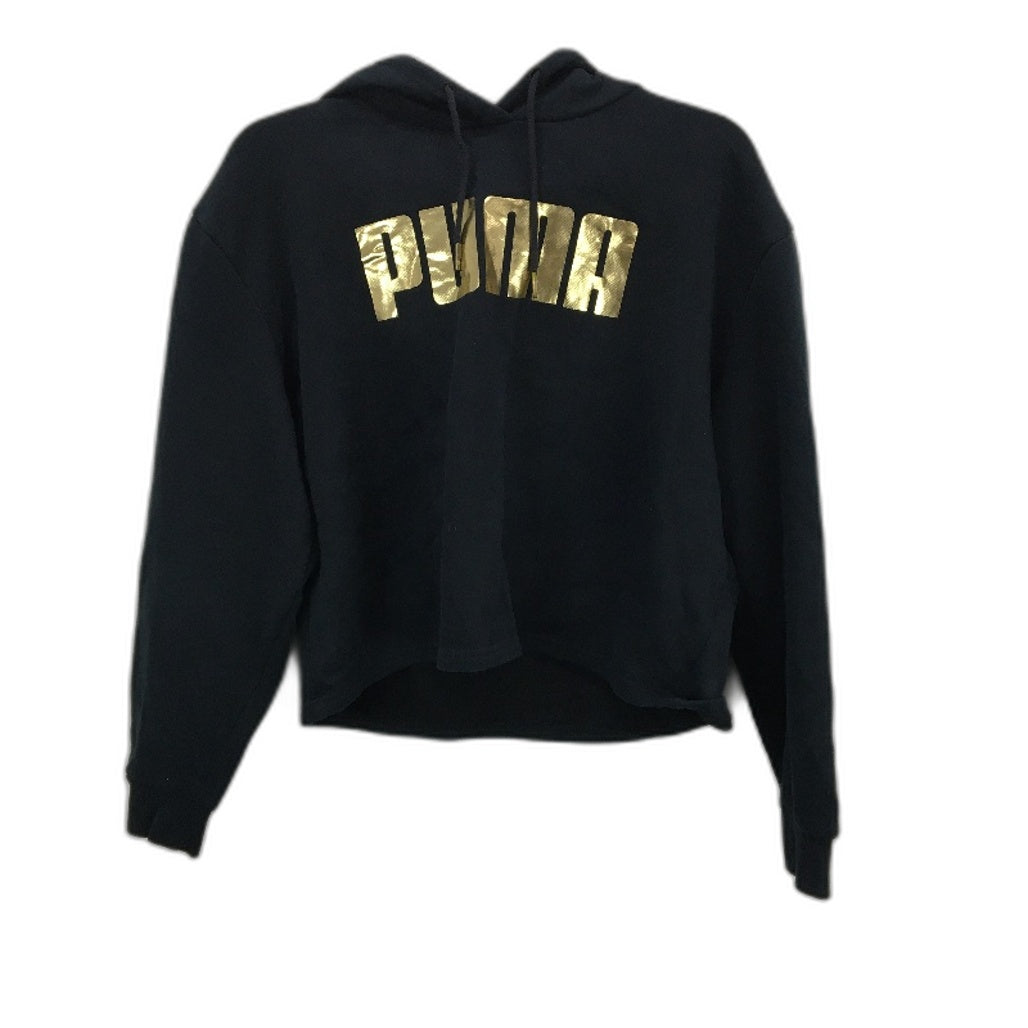 PUMA Black Gold Logo Hooded L/Sleeve Cropped Short Sports Jumper Size XL