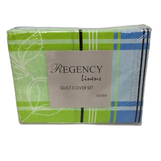 Regency Linens Barnet Green Blue 100% Cotton Percale QUEEN Quilt Cover Set NEW