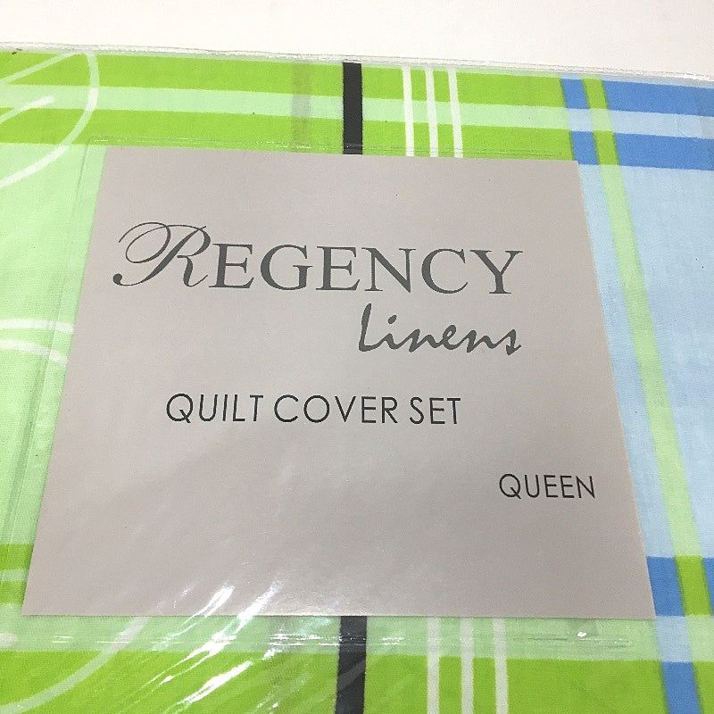 Regency Linens Barnet Green Blue 100% Cotton Percale QUEEN Quilt Cover Set NEW