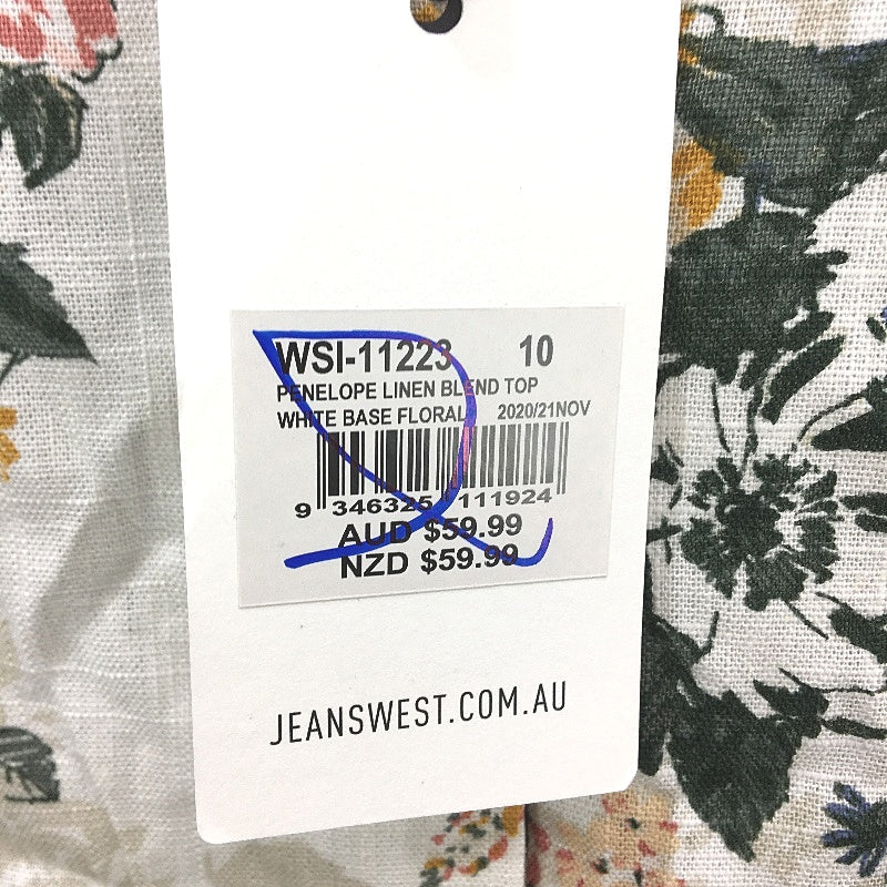Jeanswest Penelope Linen Blend White With Floral Summer Top Ladies Size 10 NEW
