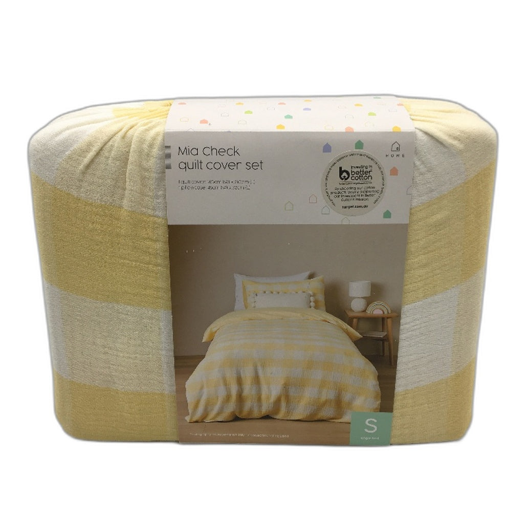 Target Soft Cotton Mia Yellow Ginham Check Kids Quilt Cover Set SINGLE Bed NEW
