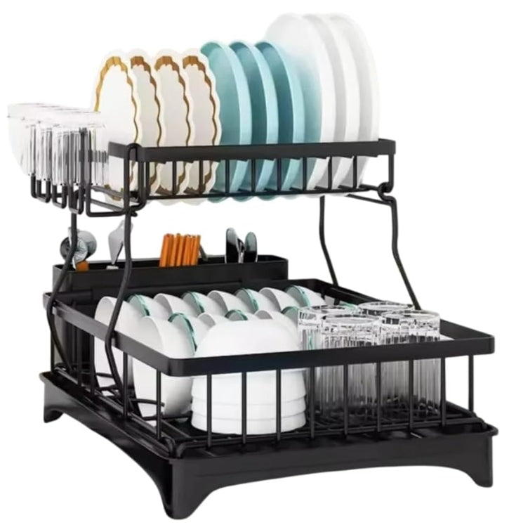 2 Tier Black Dish Drying Rack 360 Rotating Drainer Board NEW