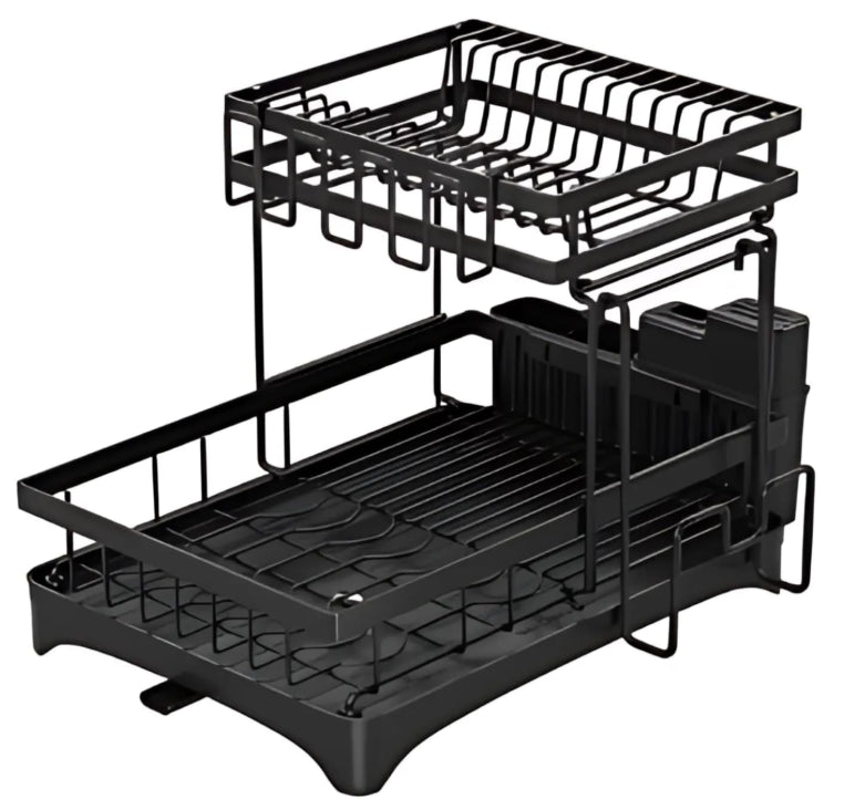 2 Tier Black Dish Drying Rack 360 Rotating Drainer Board NEW