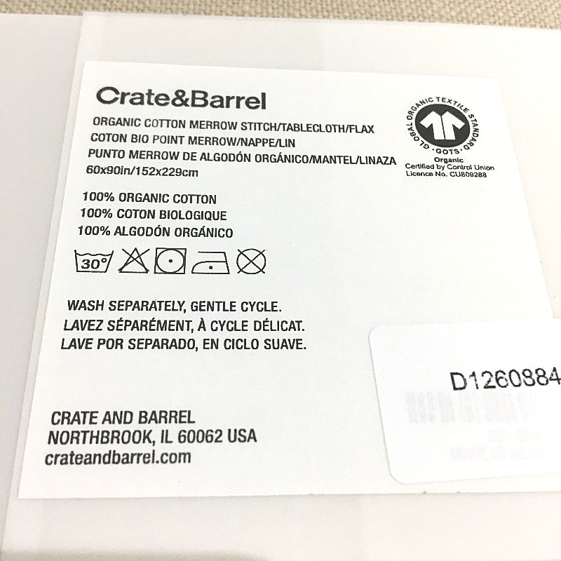 Crate & Barrel Merrow Stitch Flax Organic Cotton Tablecloth 60x90cm NEW