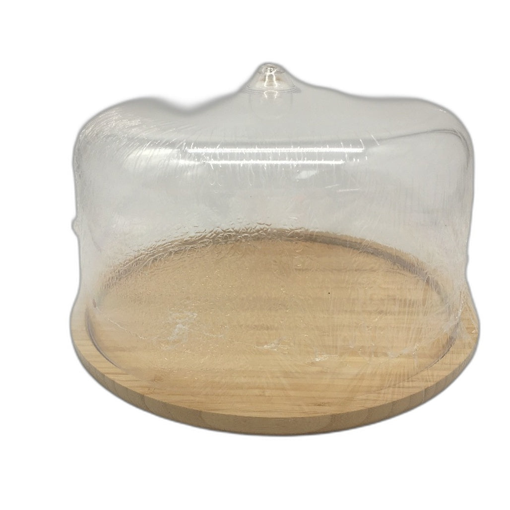 Gtouse Plastic Dome Cake Stand Acacia Wood Plate With Cover Display Tray