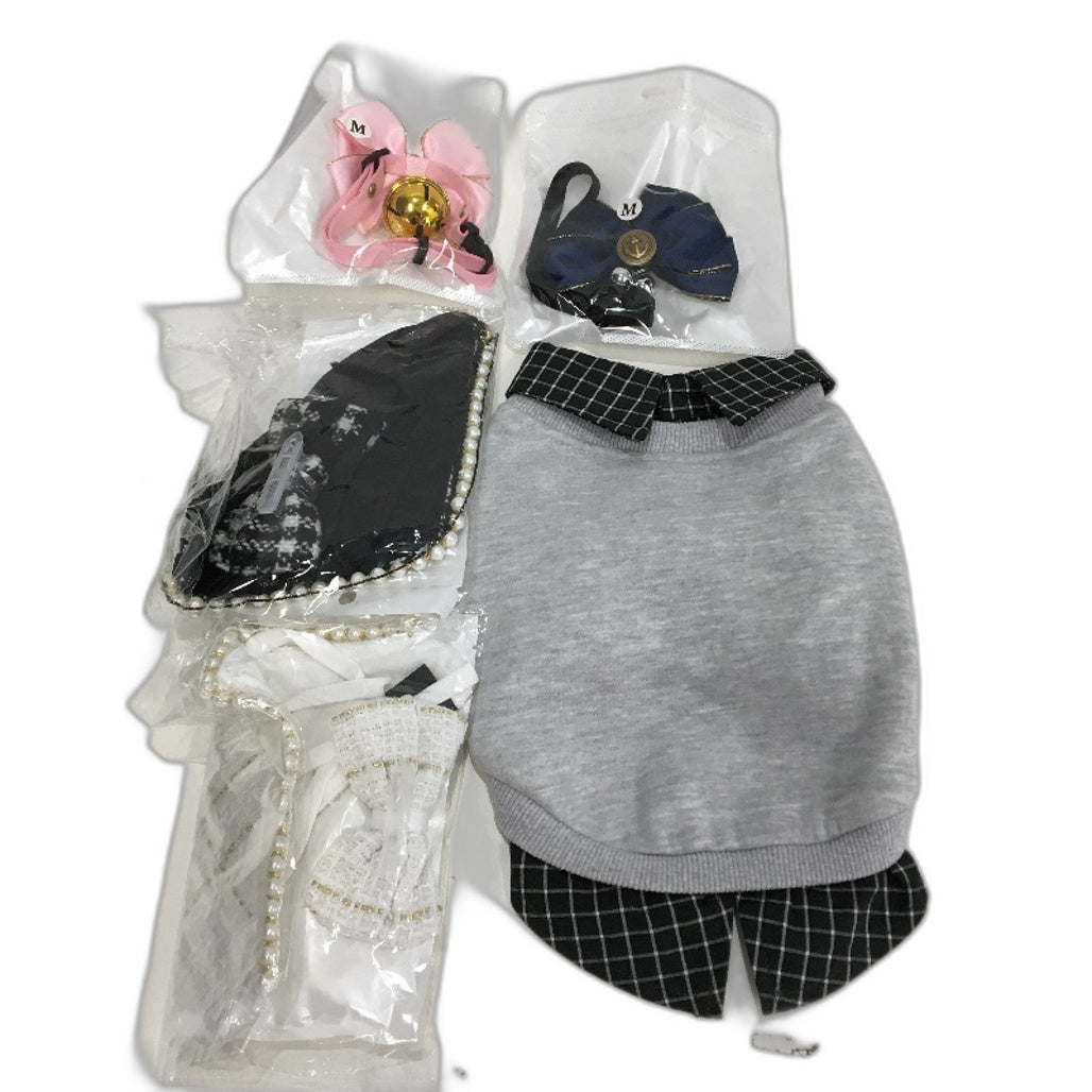 Milo & Mink 9 Pcs Grey Fleece Doggy Sweater & Accessories Bundle Dog Size 2XS