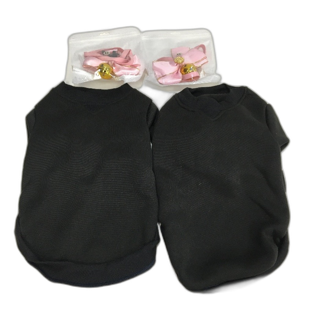 Milo & Mink 4 Pcs Black Fleece Doggy Jumper & Pink Bell Bow Collars Dog Sz Small
