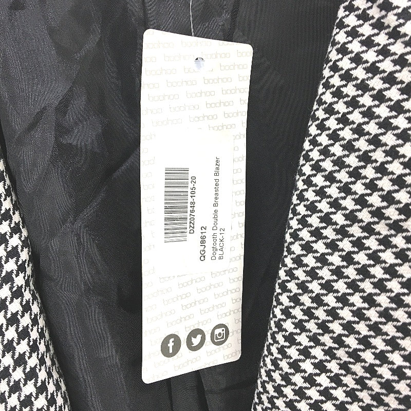 Boohoo Black & White Houndstooth Double Breasted Blazer Jacket Womens Sz 12 NEW