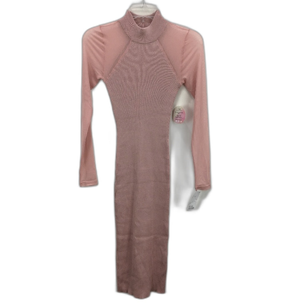 Love Always Pink Mesh Long Sleeve Ribbed High Neck Knit Midi Dress Womens Size S