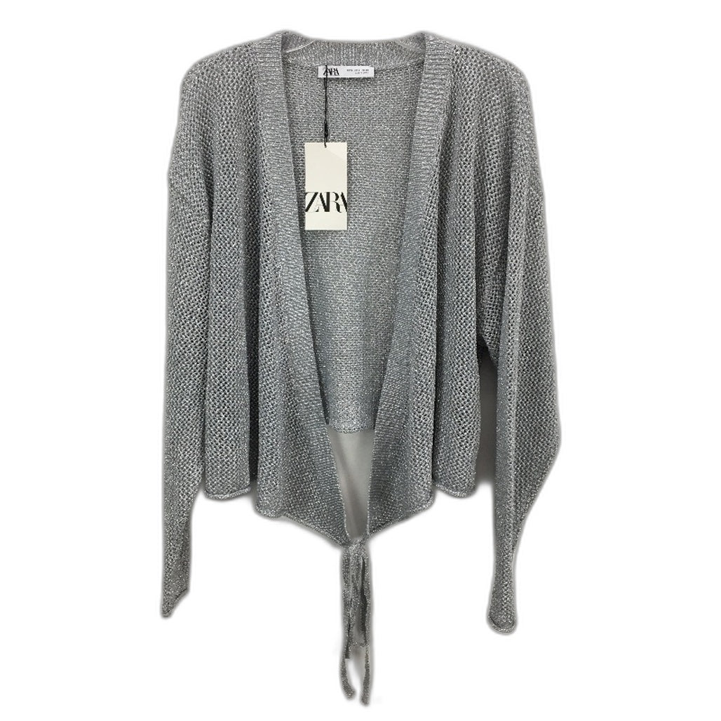Zara Long Sleeve Hollow Knitted Tie Front Cardigan Silver Womens Size S NEW