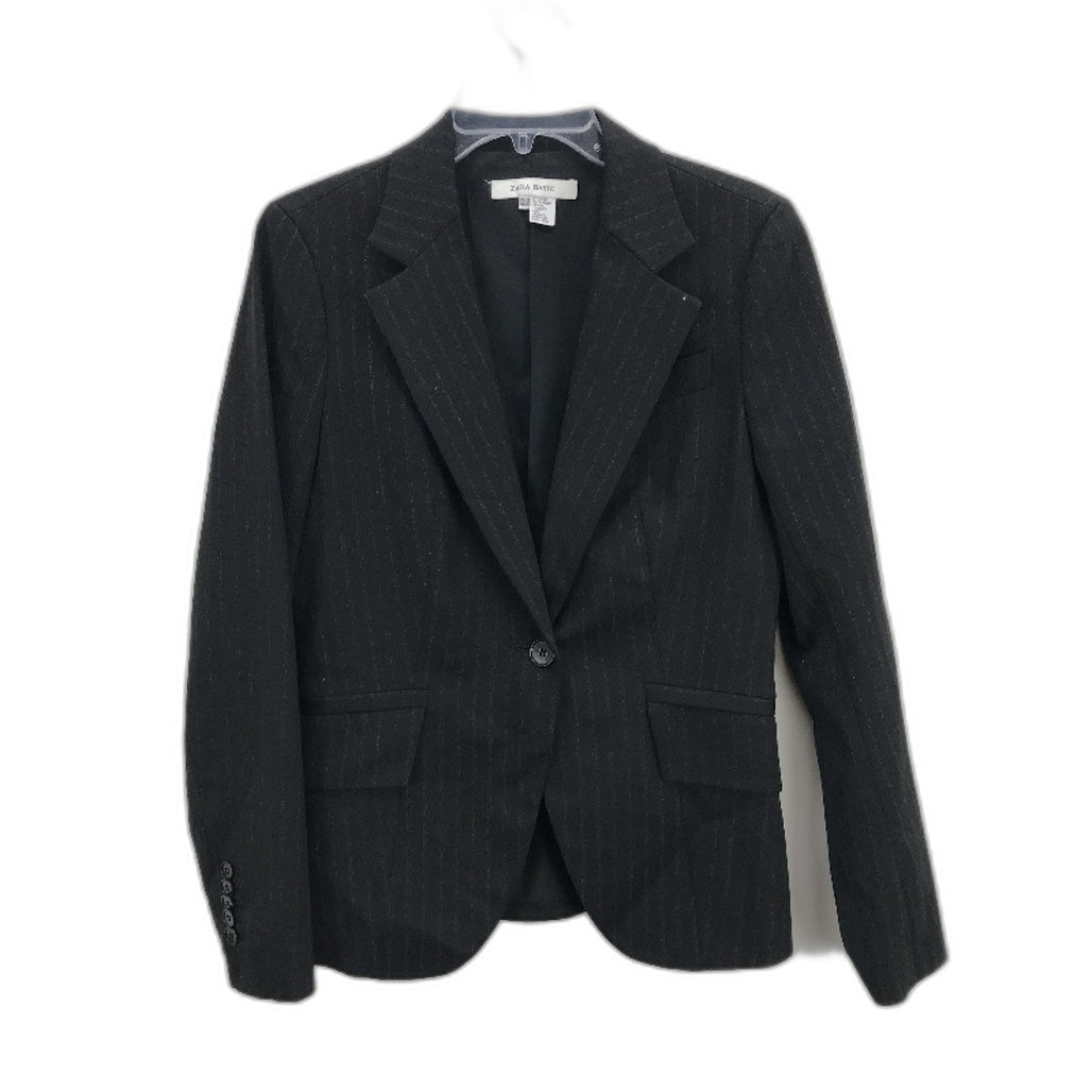 Zara Basic Black Pinstripe Wool Blend Single Button Blazer Jacket Ladies Size M