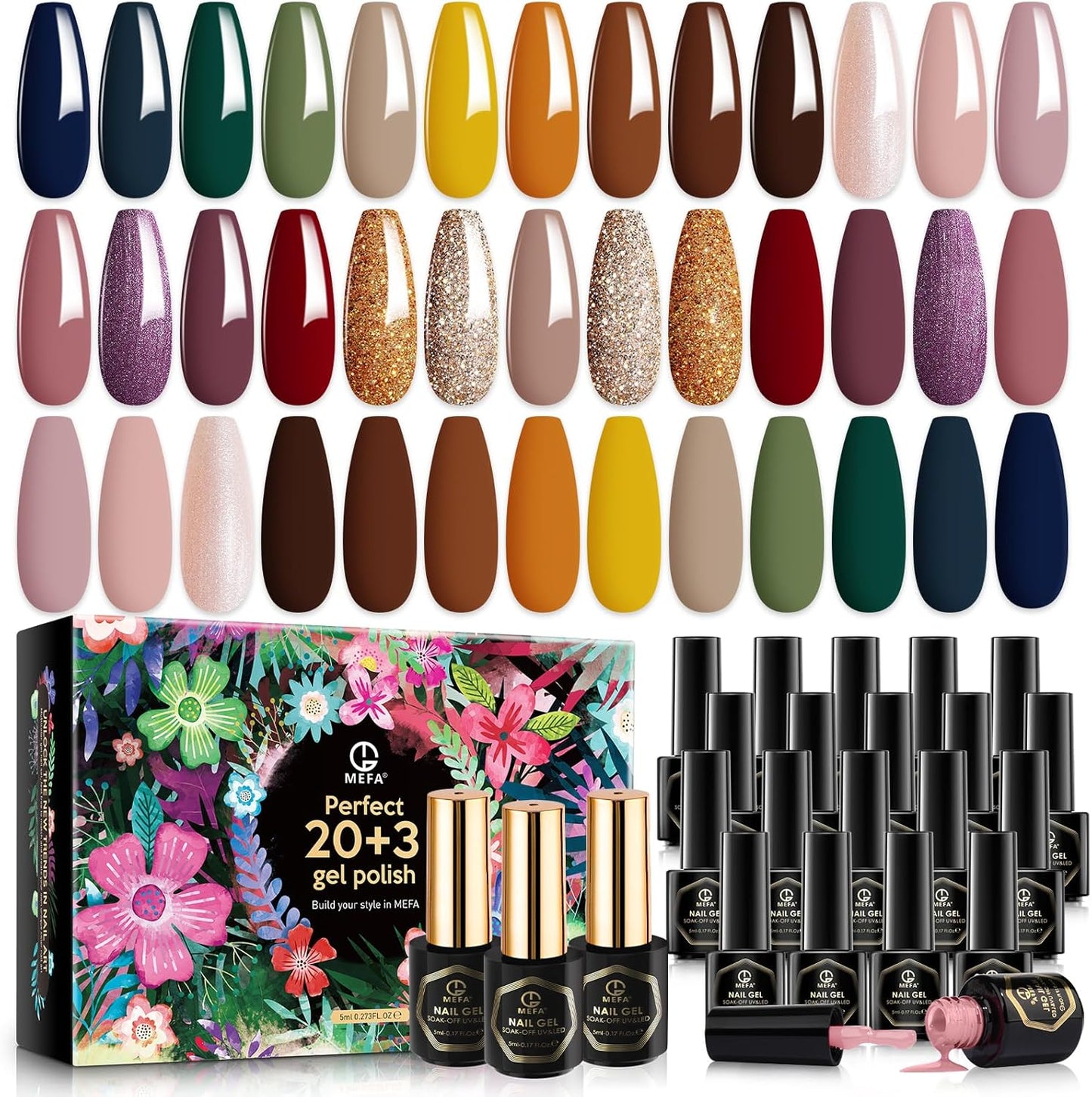 MEFA 20 Colors Soak Off Gel Nail Polish 3 Top Bases Glitter & Plain 23Pc Kit NEW