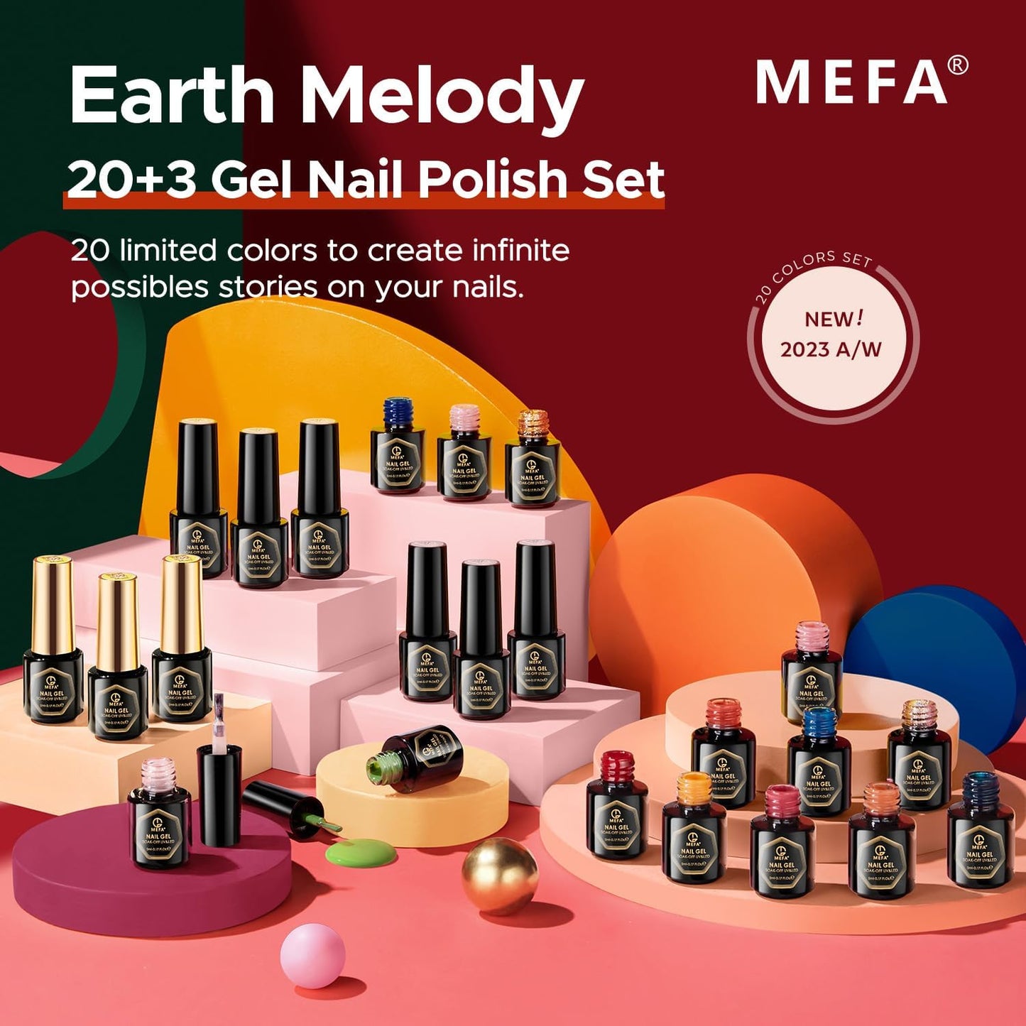 MEFA 20 Colors Soak Off Gel Nail Polish 3 Top Bases Glitter & Plain 23Pc Kit NEW