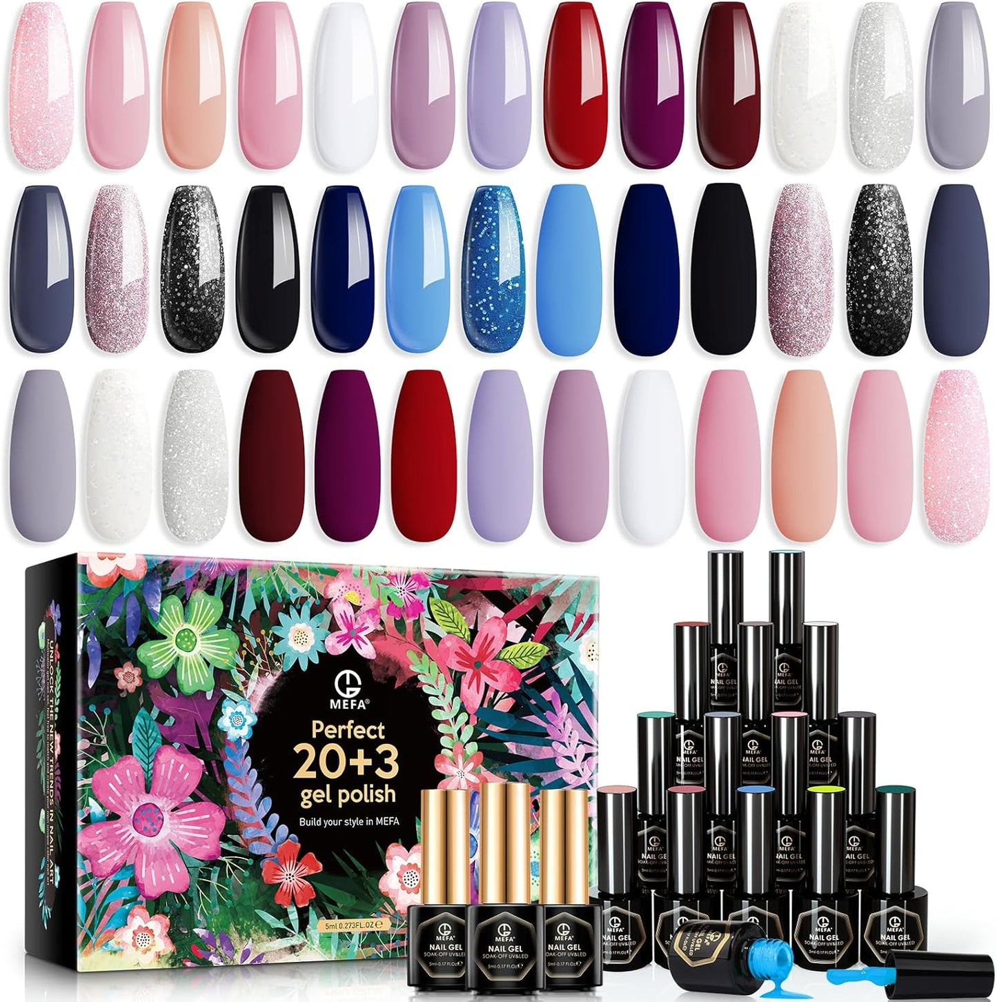 MEFA Winter 20 Colors Soak Off Gel Nail Polish 3 Top Bases 23 Piece Kit NEW