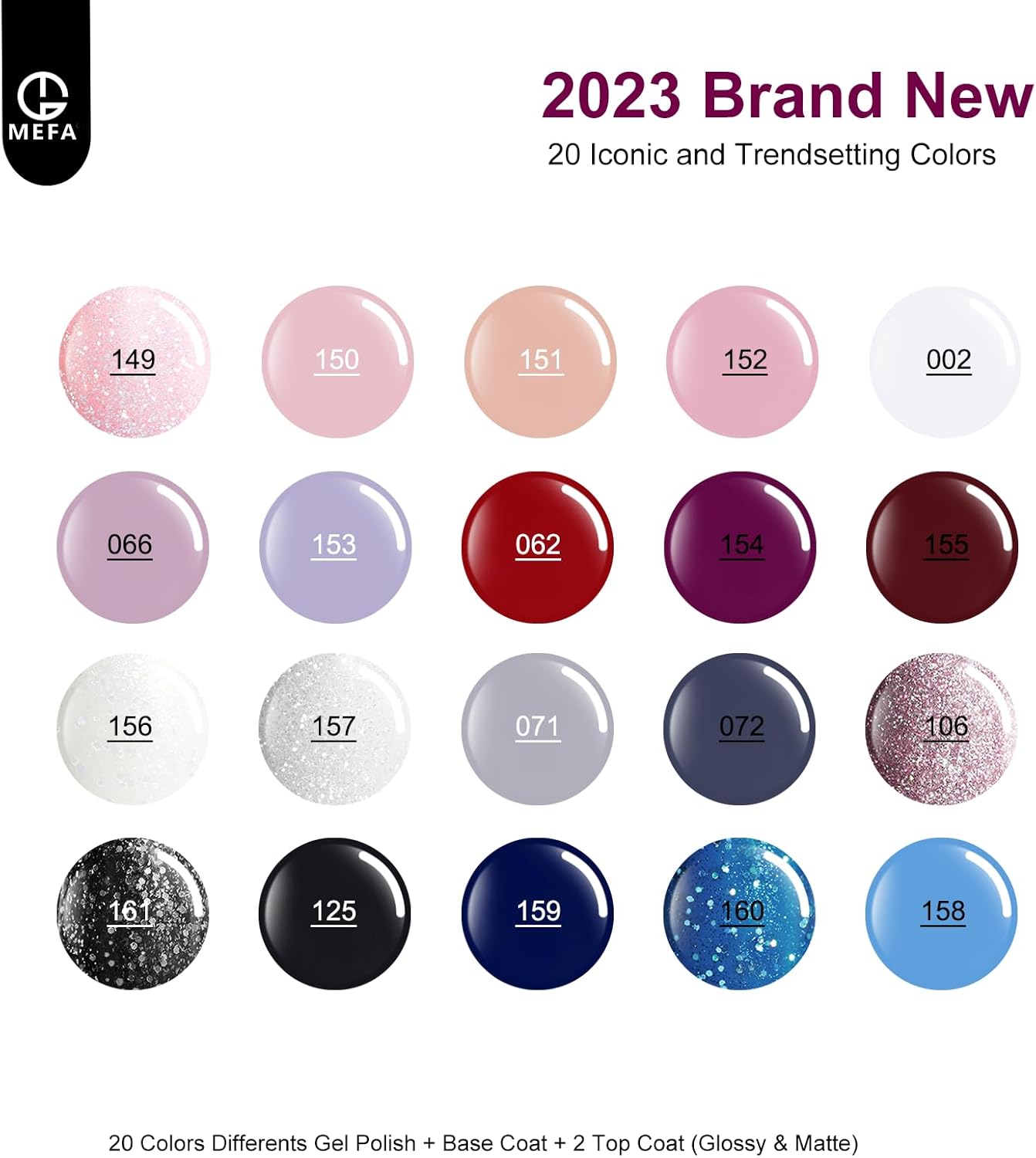 MEFA Winter 20 Colors Soak Off Gel Nail Polish 3 Top Bases 23 Piece Kit NEW