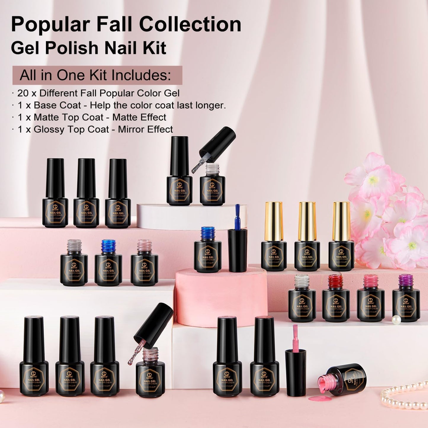 MEFA Winter 20 Colors Soak Off Gel Nail Polish 3 Top Bases 23 Piece Kit NEW