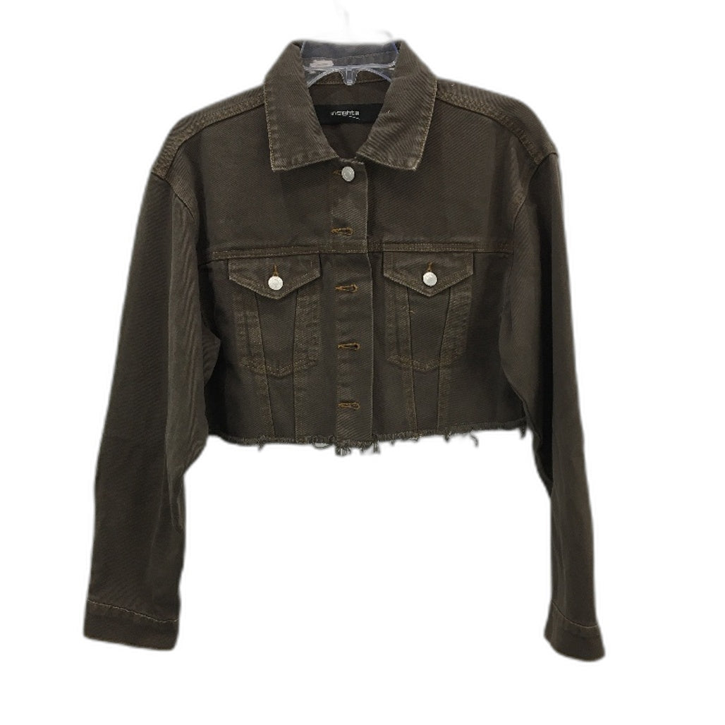 Insight Brown Fade Short Cropped Long Sleeve Raw Hem Denim Shacket Size XS NEW