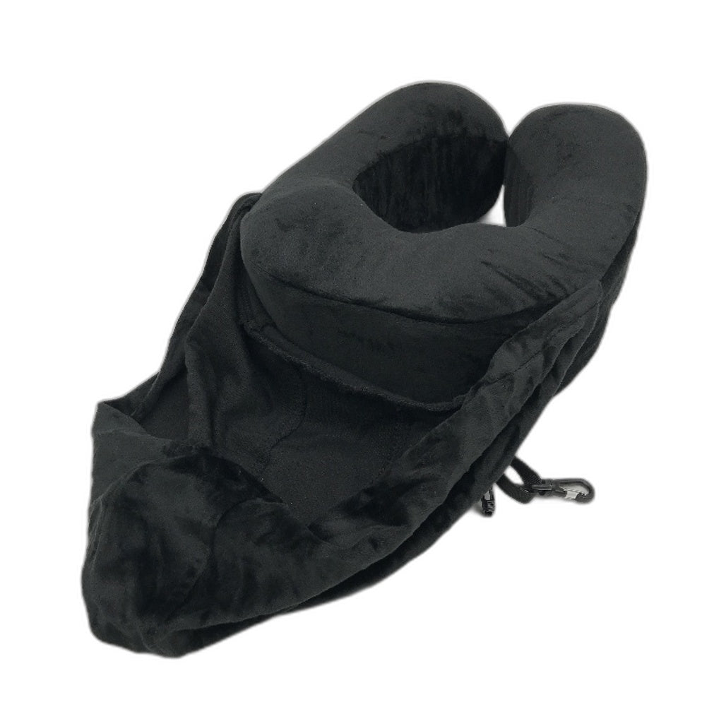 FLYWISH Soft Velvet Black Travel Pillow with Hood incl Ear Plugs Size Medium NEW