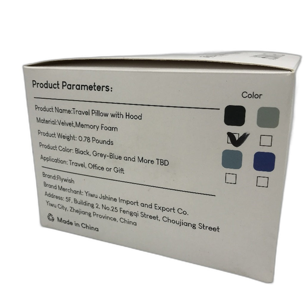 FLYWISH Soft Velvet Black Travel Pillow with Hood incl Ear Plugs Size Medium NEW