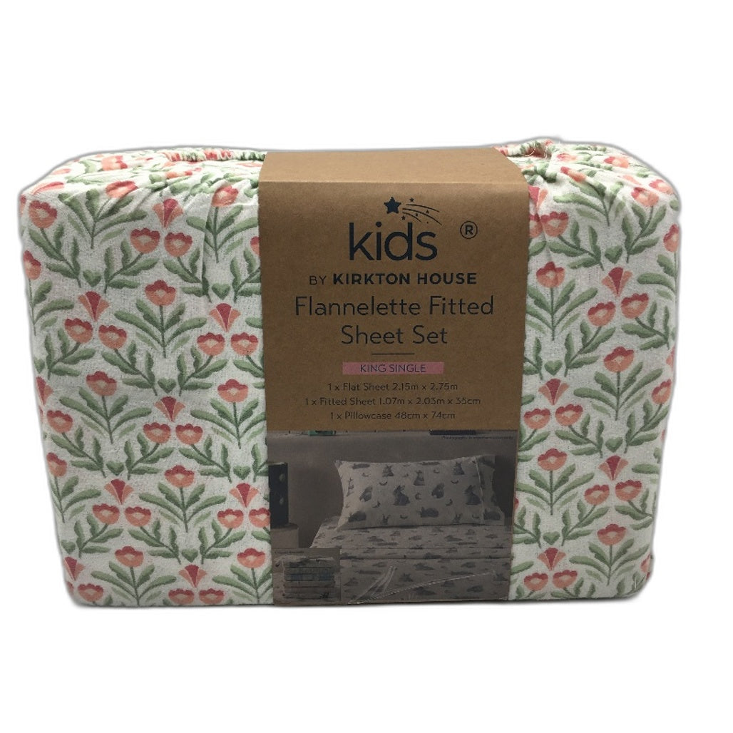 Kids by Kirkton House Floral Flannelette Fitted Sheet Set KING SINGLE Bed NEW