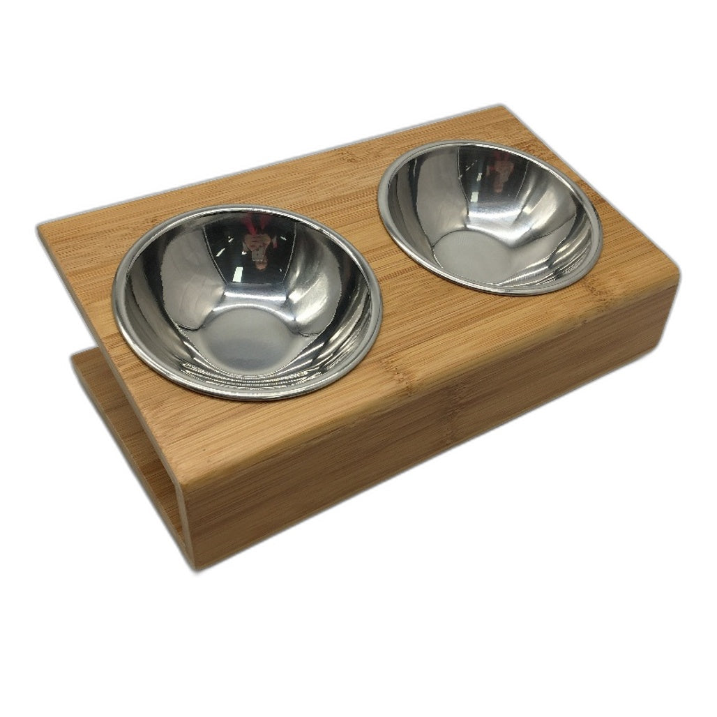 Bamboo Elevated Slanted Pet Feeder Stand Dual St Steel Bowl Small Cats Dogs NEW