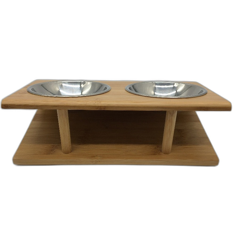 Bamboo Elevated Slanted Pet Feeder Stand Dual St Steel Bowl Small Cats Dogs NEW