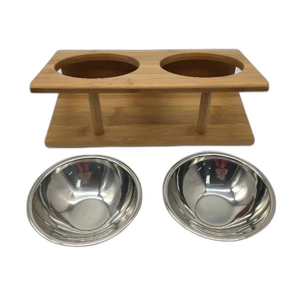 Bamboo Elevated Slanted Pet Feeder Stand Dual St Steel Bowl Small Cats Dogs NEW