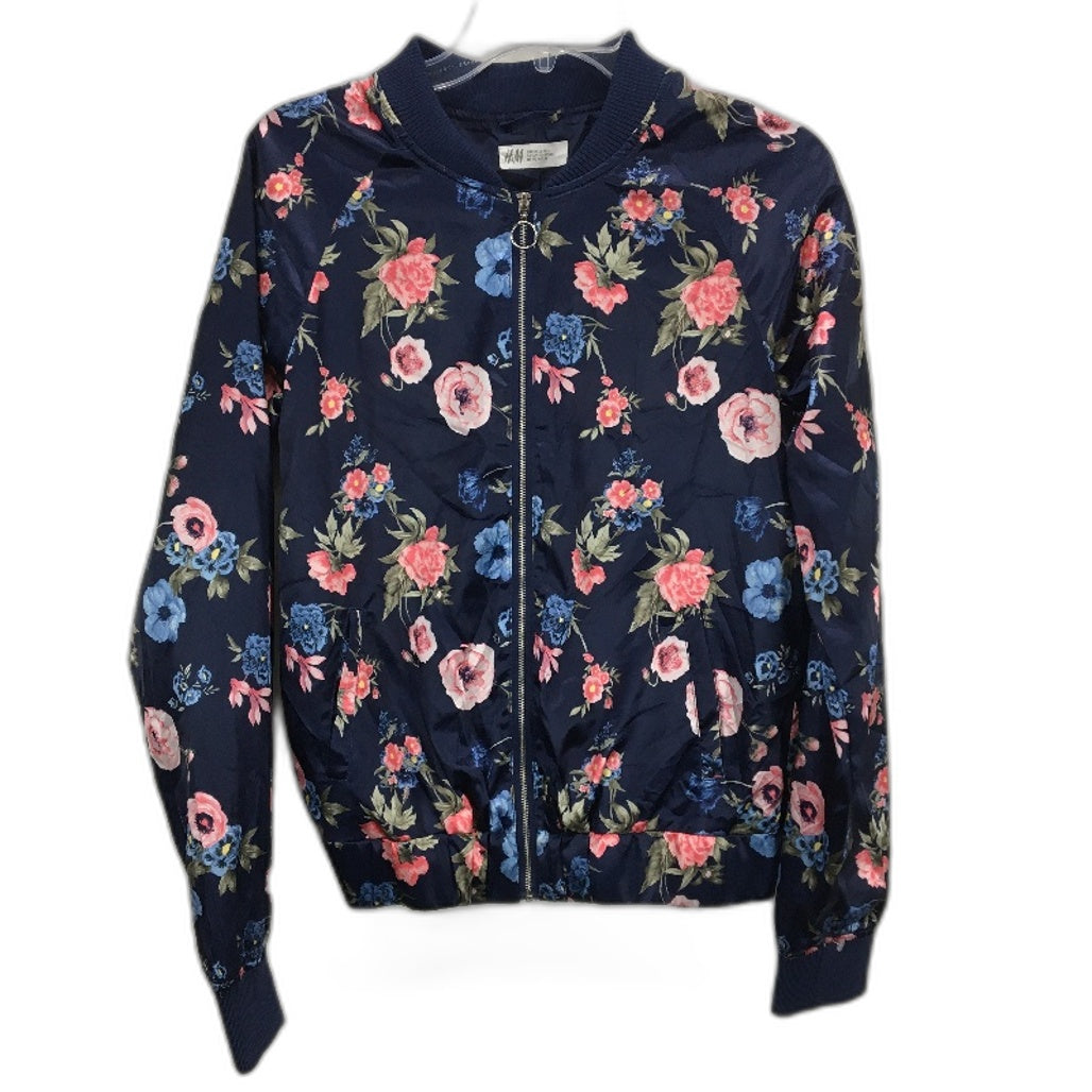H&M Floral Print Satin Navy Bomber Style Souvenir Jacket Girls Size AU 15