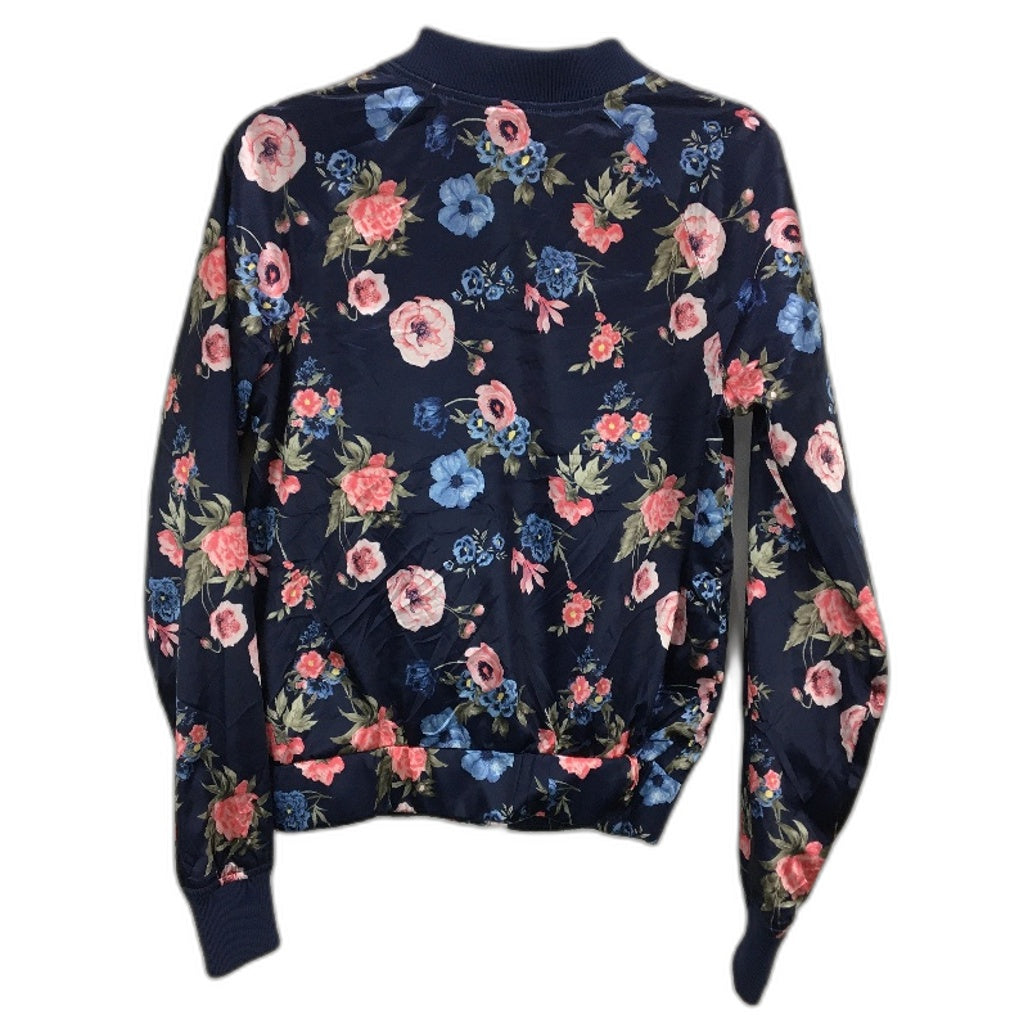 H&M Floral Print Satin Navy Bomber Style Souvenir Jacket Girls Size AU 15