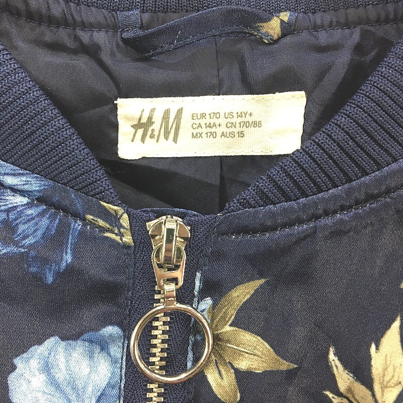 H&M Floral Print Satin Navy Bomber Style Souvenir Jacket Girls Size AU 15