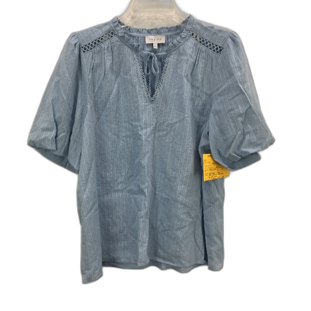 Tokito Cotton Blend Puff Sleeve Notch Neck Light Blue Top Ladies Size 10 NEW