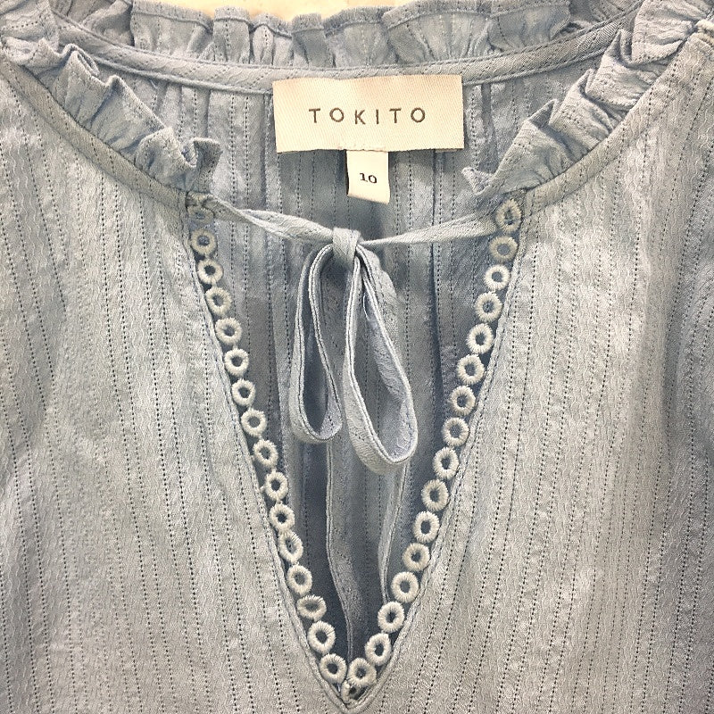 Tokito Cotton Blend Puff Sleeve Notch Neck Light Blue Top Ladies Size 10 NEW