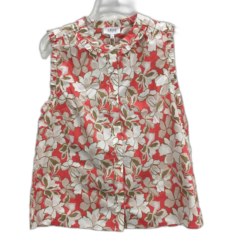 Grab Denim Sleeveless Ruffle Coral Floral Button Up Top Ladies Size 10 NEW