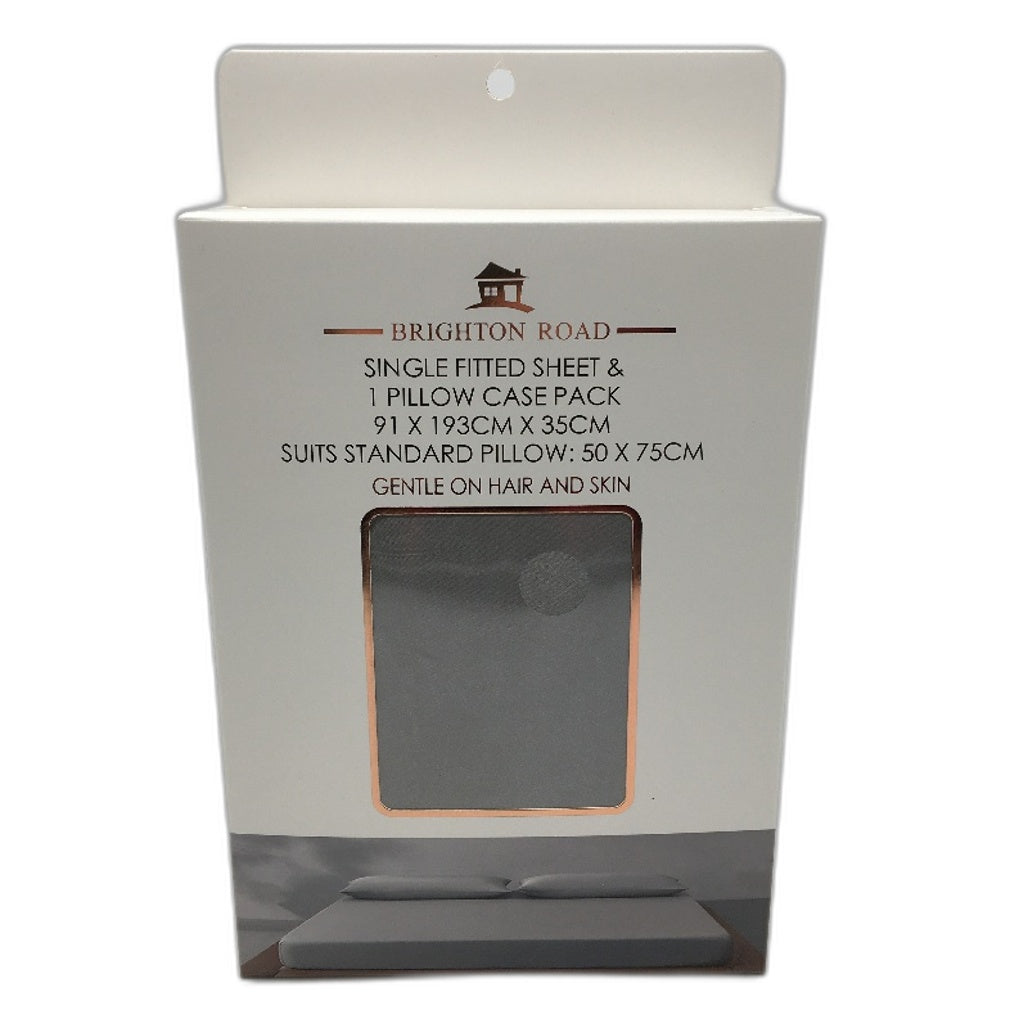 Brighton Road Silver Gentle On Hair & Skin Satin SINGLE Fitted Sheet Pack NEW