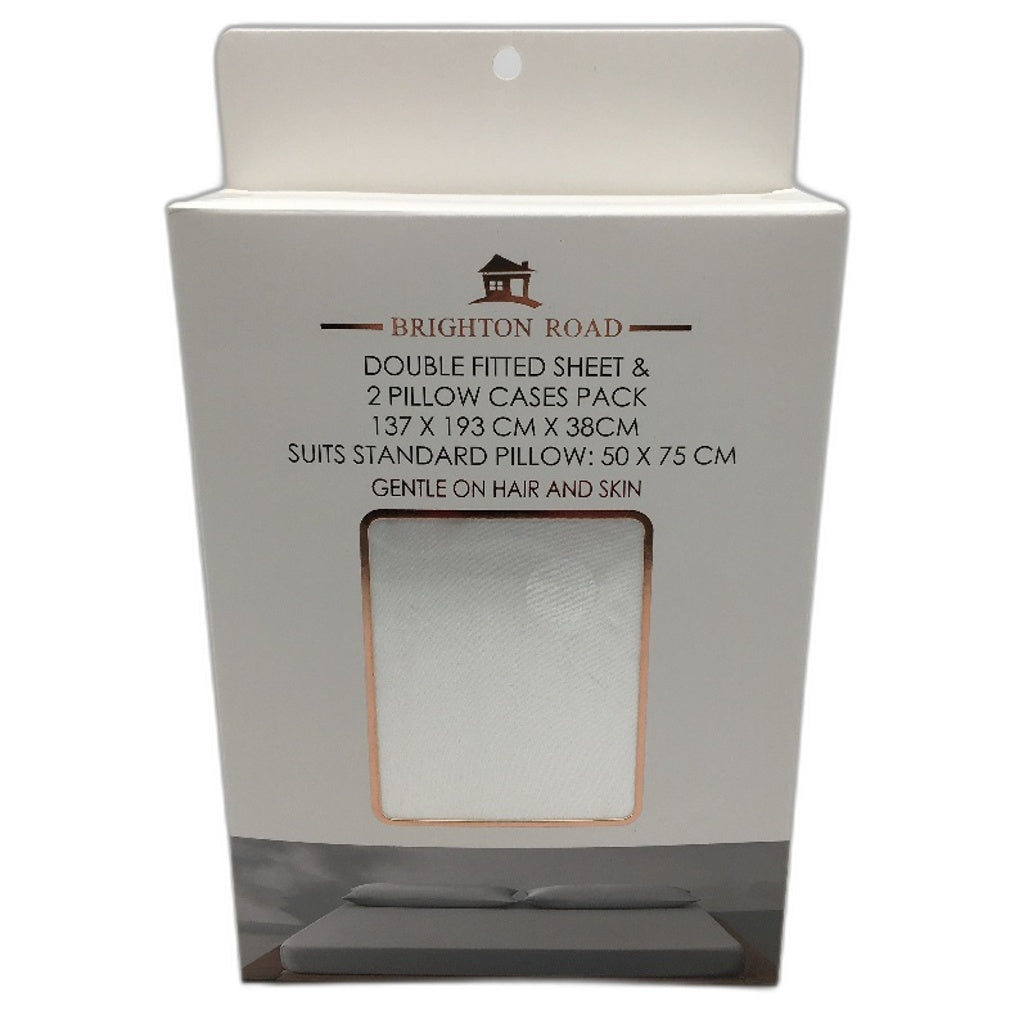 Brighton Road White Gentle On Hair & Skin Satin DOUBLE Fitted Sheet Pack NEW