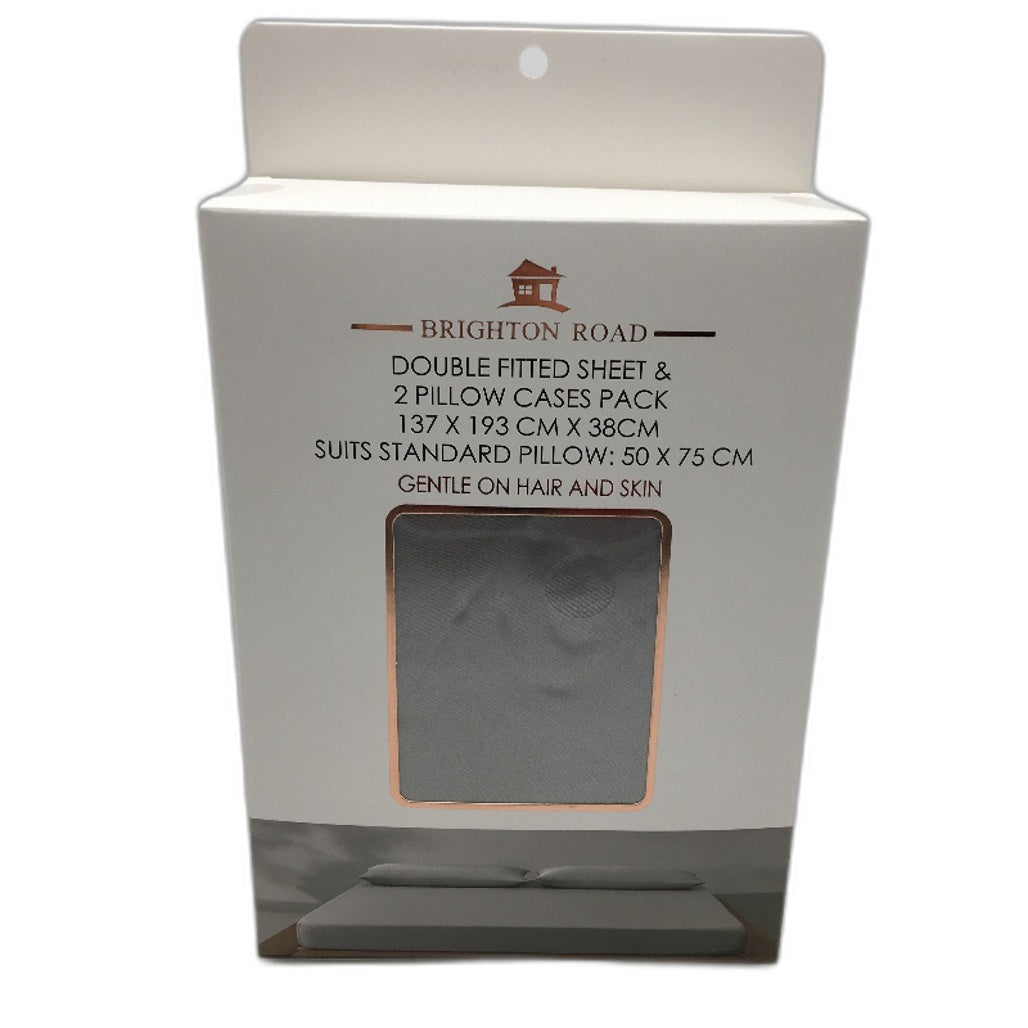 Brighton Road Silver Gentle On Hair & Skin Satin DOUBLE Fitted Sheet Pack NEW