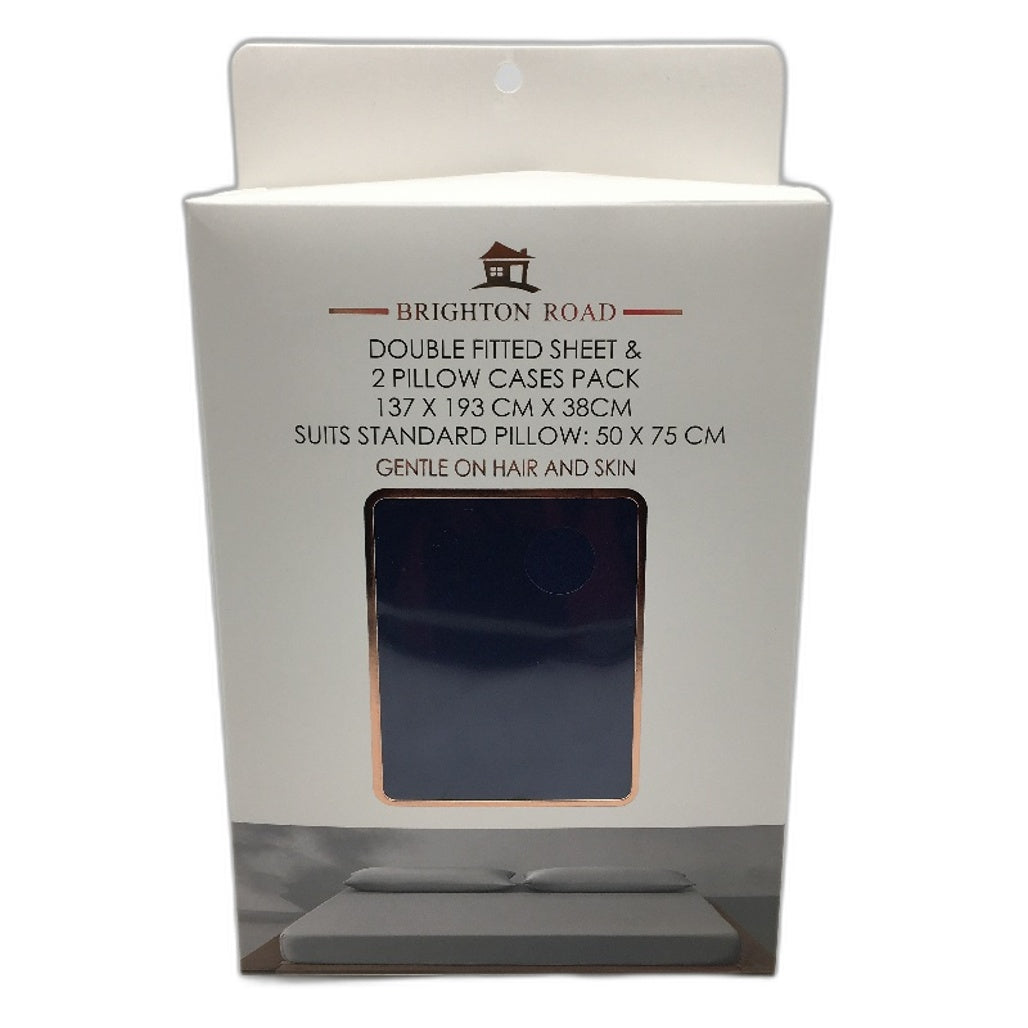 Brighton Road Navy Blue Gentle On Hair & Skin Satin DOUBLE Fitted Sheet Pack NEW